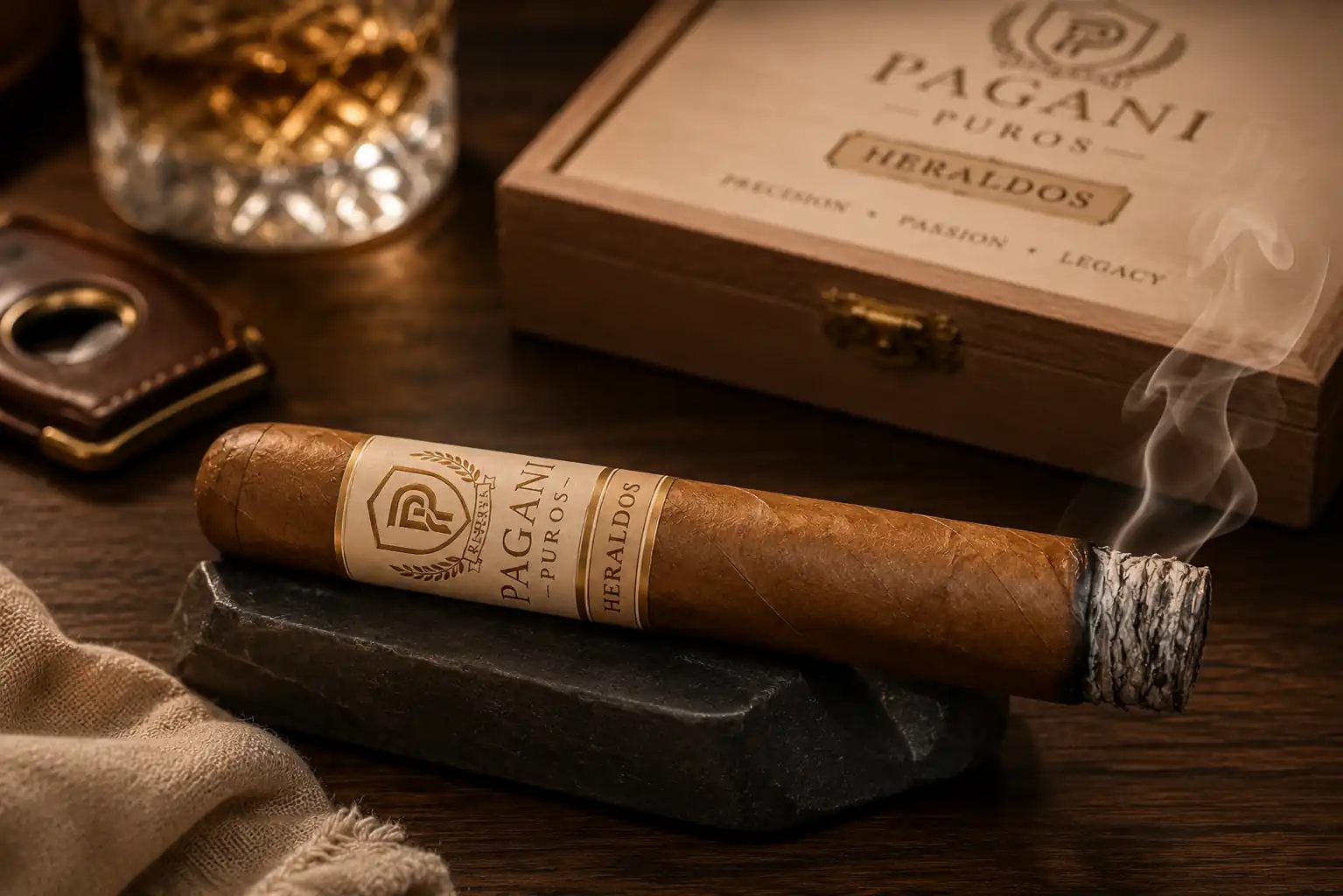 Heraldos lit cigar with cedar box